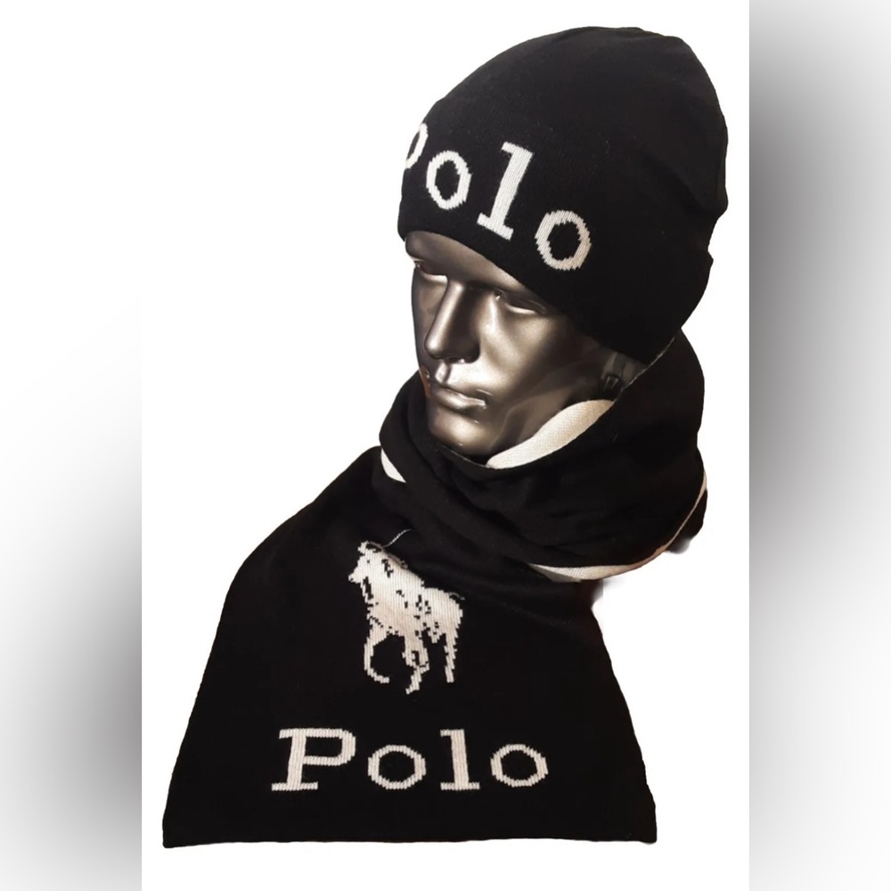 NWT Polo Ralph Lauren Men's 2 Piece Set Hat & Scarf in Black Great Gift!